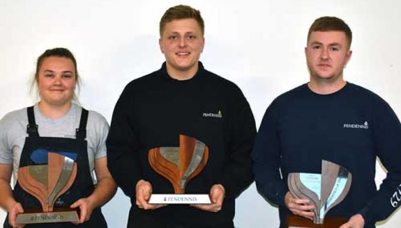 The 2017 Pendennis Apprentices of the Year (LtoR) - Amelia Shenton Year 3, James Lambourn Year 1, and Sam Donovan Surface Finishing Apprentice
