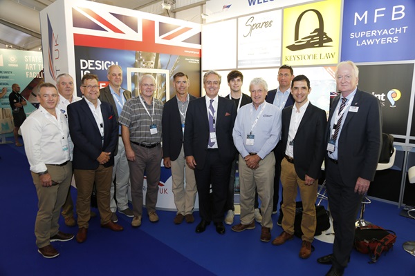 International Trade Minister, Mark Garnier, & British Marine CEO, Howard Pridding, with Superyacht UK members at the Monaco Boat Show 2017