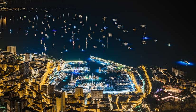 View of the Monaco yacht Show at night